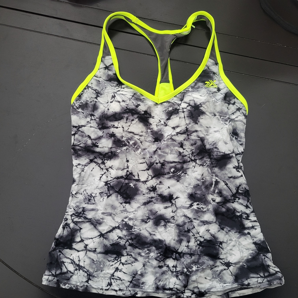 ZeroXposur Women's Swim Top - Black and White Tie-dye With Neon Yellow trim